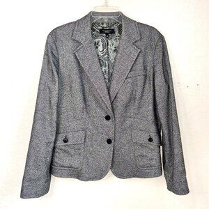 Talbots Wool Blend Blazer Womens 12 Tweed Black White Lined Pockets 2‎ Button